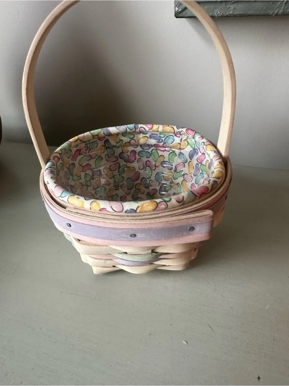 Longaberger small Easter  basket jelly bean liner protector tie on white wash